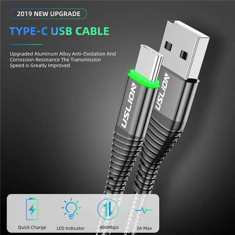 USLION 2m LED 3A Type C Cable For Huawei P30 Pro Fast Charge Phone Charging Wire USB C Cable For Samsung Xiaomi Type C Data Line