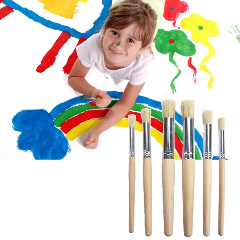 6pcs/set Watercolor Painting Stencil Brush Different Size Wooden Handle Kids Student Art Supplies