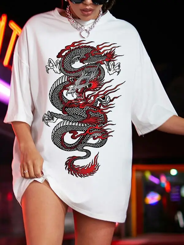 Oversized T Shirt Ulzzang Harajuku Dragon Print T Shirt Women Streetwear Tee Tops Summer Short Sleeve T-Shirt Female Clothing