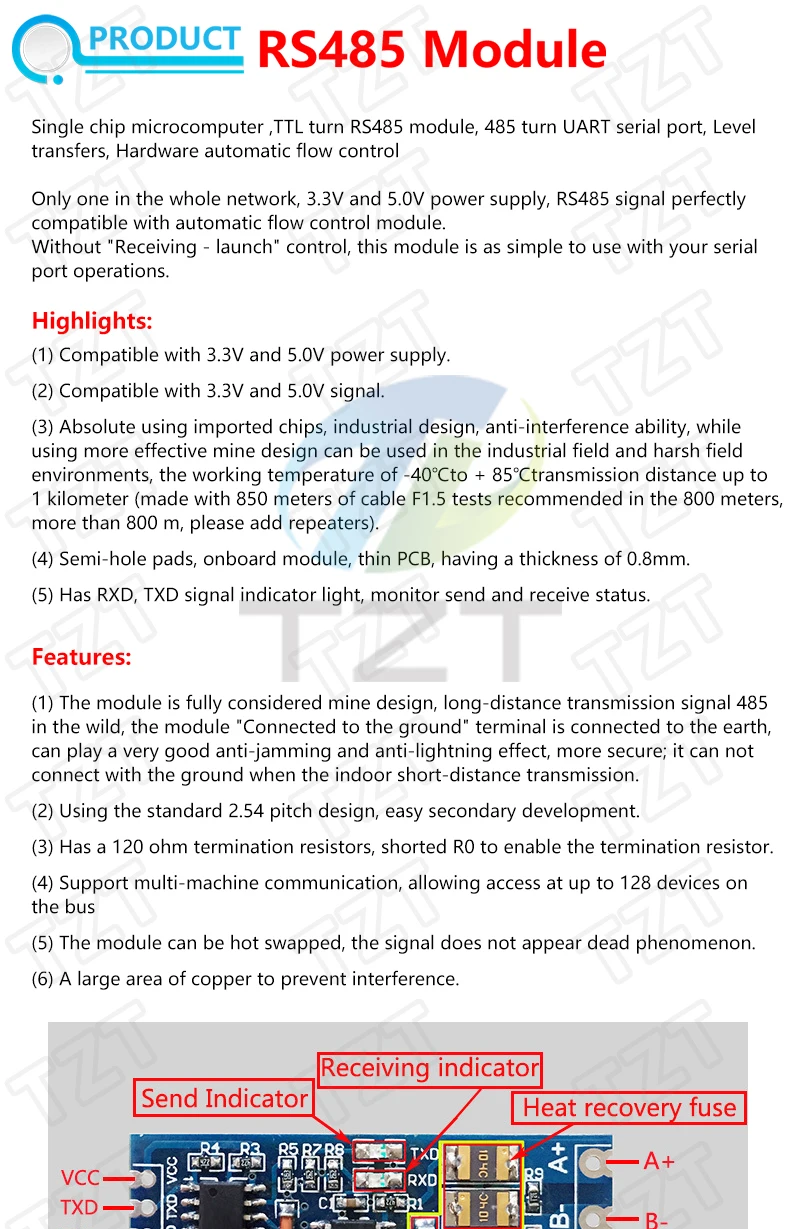 TZT TTL Turn To RS485 Module Hardware Automatisches Flow Control Modul Serielles UART Level Gegenseitige Konvertierung Stromversorgungsmodul – Detail 2