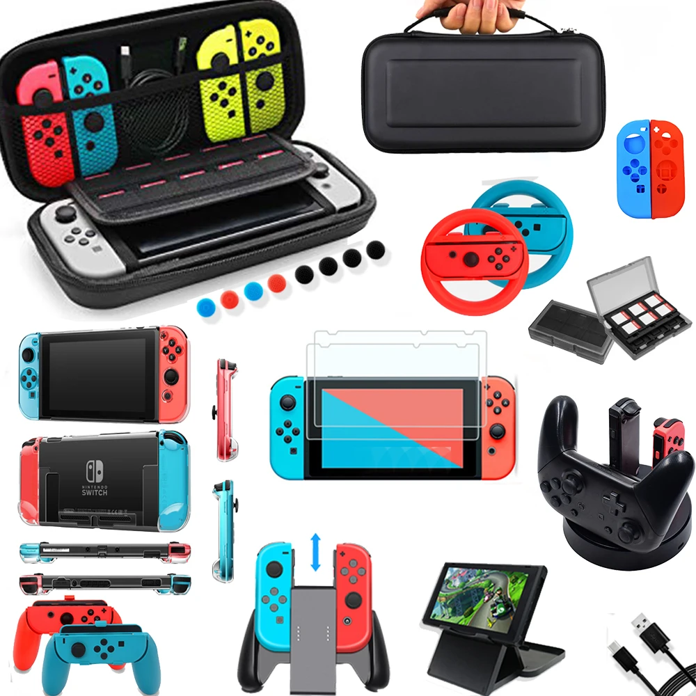 

Game Accessory Set For Nintendo Switch Travel Case Carrying Bag Screen Protector Case Thumb Stick Cap Joycon Charger Grip Set