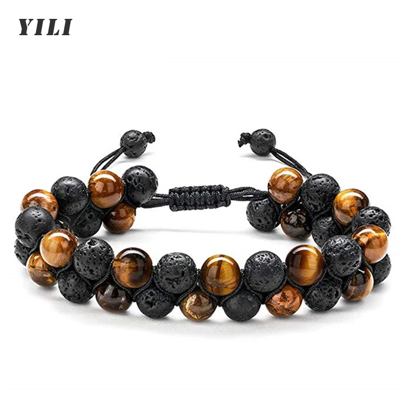 8mm Tiger Eye Stone Bracelet Men Natural Stone Essential Oil Lava Rock Black Onyx Tiger Eye Beads Adjustable Bracelet