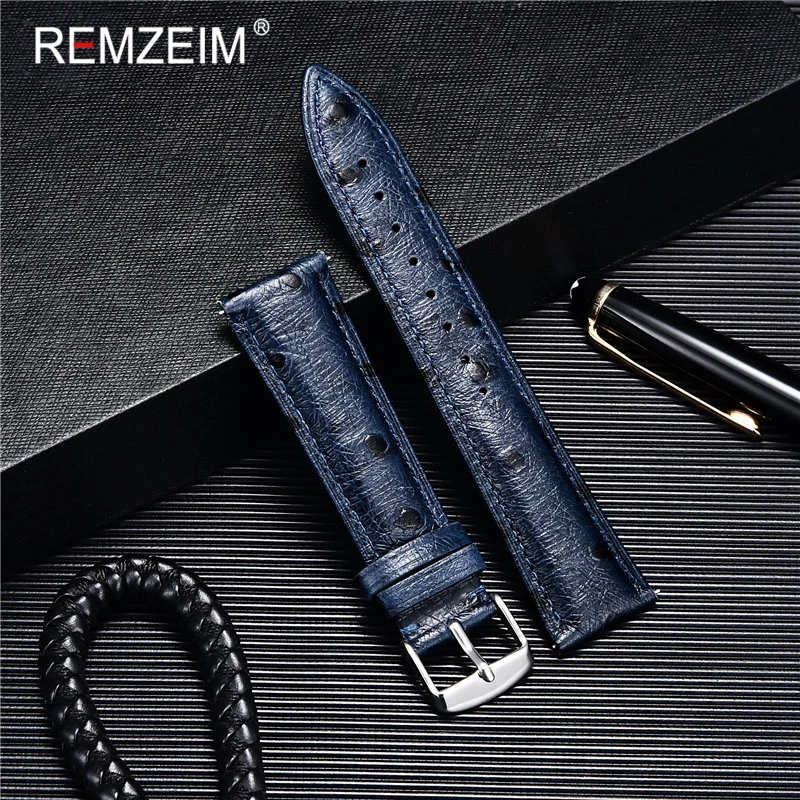 REMZEIM Ostrich Pattern Leather Quick Release Watch Band Strap Red Black Blue 18mm 20mm 22mm With Silver Stainless Steel Buckle