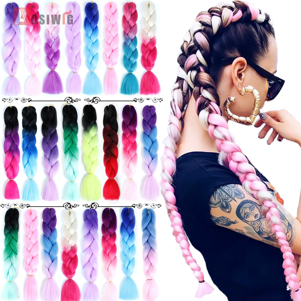 AOSIWIG 24'' 100g/pack Synthetic Ombre Braiding Hair Crochet Braids Hairstyles Hair Extensions Purple Pink Black