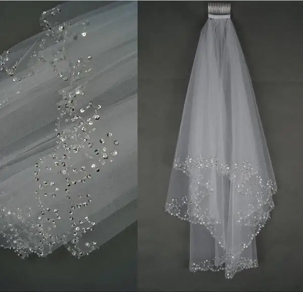 Velos de novia blancos con cuentas hechas a mano, accesorios de borde de media luna para boda