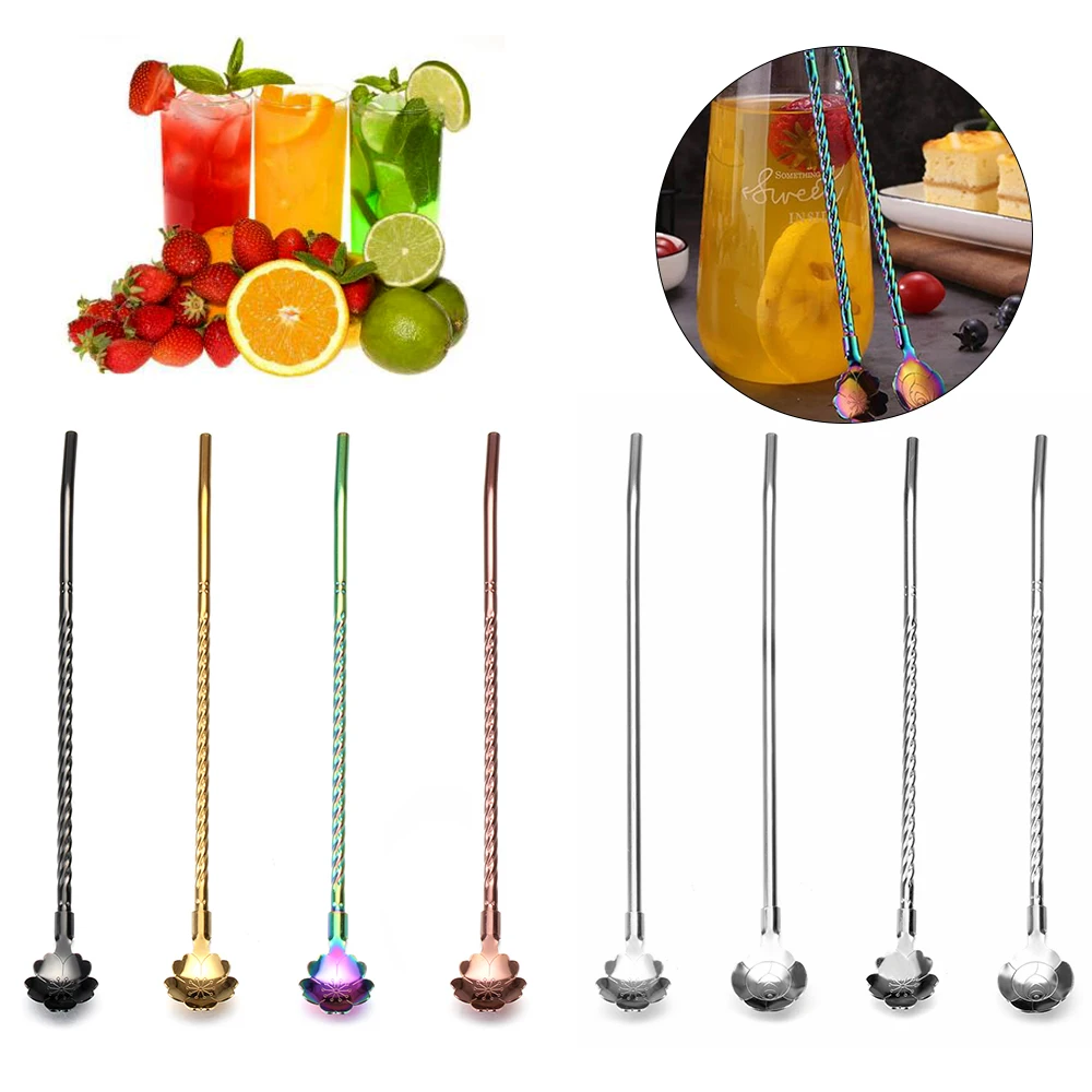 Long Twisted Straw Spoon Portable Stainless Steel Tea Scoop Bent Filter Colored Drinking Straw Cocktail Coffee Stirring Spoons