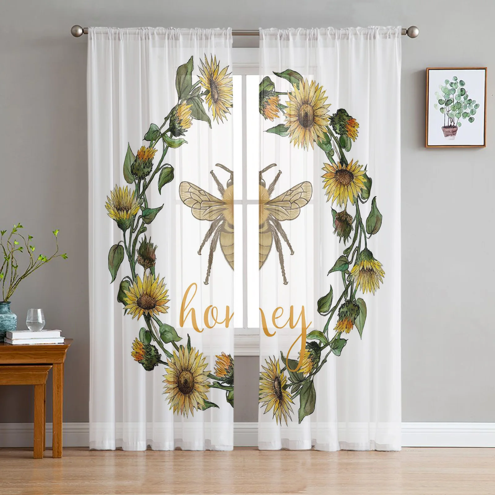 

Bee Sunflower Honey White Window Treatment Tulle Modern Sheer Curtains for Kitchen Living Room the Bedroom Curtains Decoration