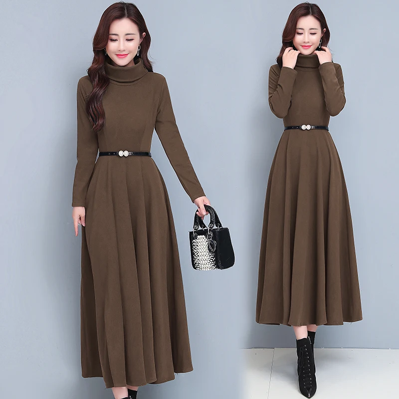 Autumn Winter Flannel Thick Warm Maxi Dress Women Black Korean Vintage Party Vestidos 2024 New Elegant Bodycon Turtleneck Dress