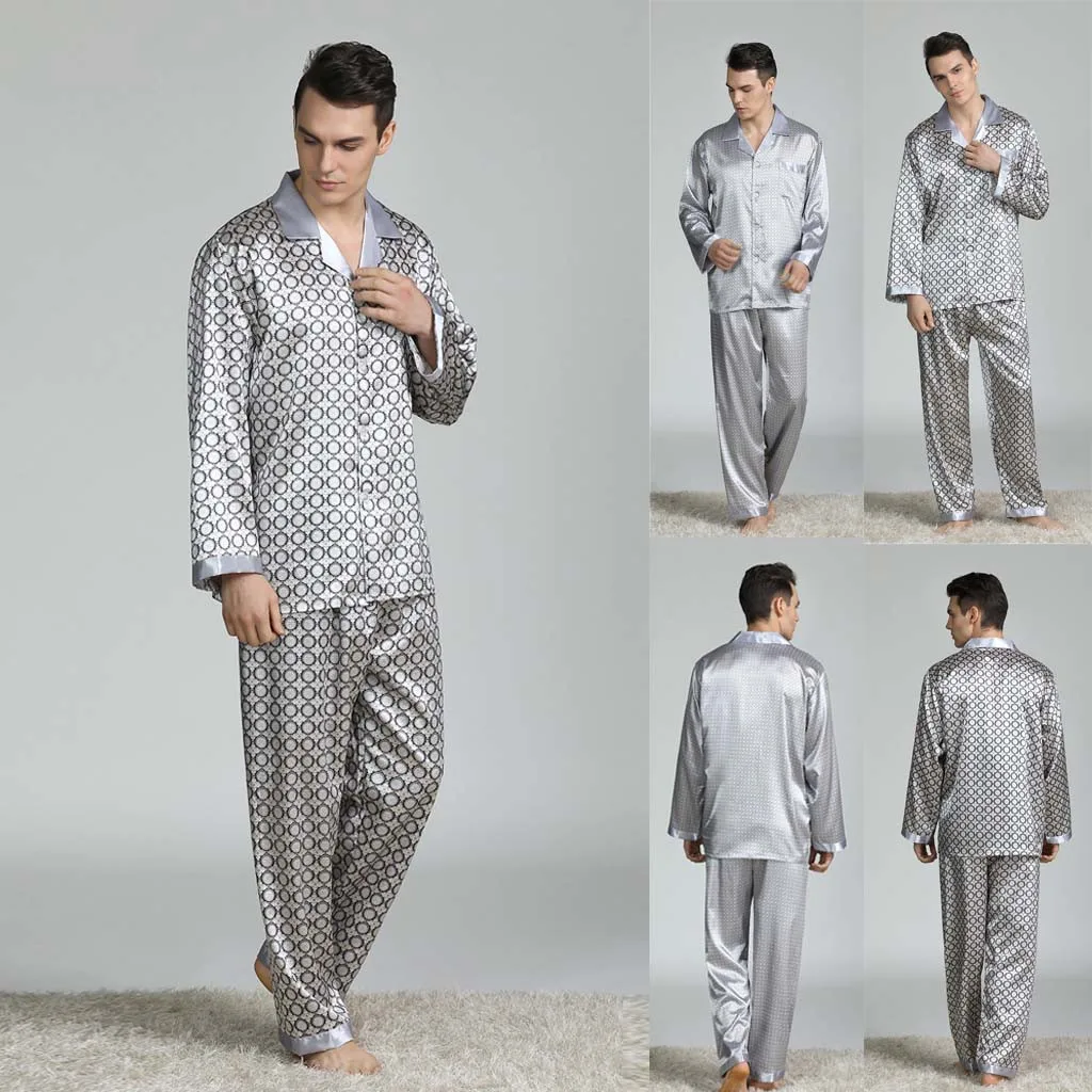 Stylish Bar Spring Summer Autumn Men Satin Silk Pyjamas Sets of T-shirt & Shorts Male Pijama Sleepwear Leisure Home Clothing