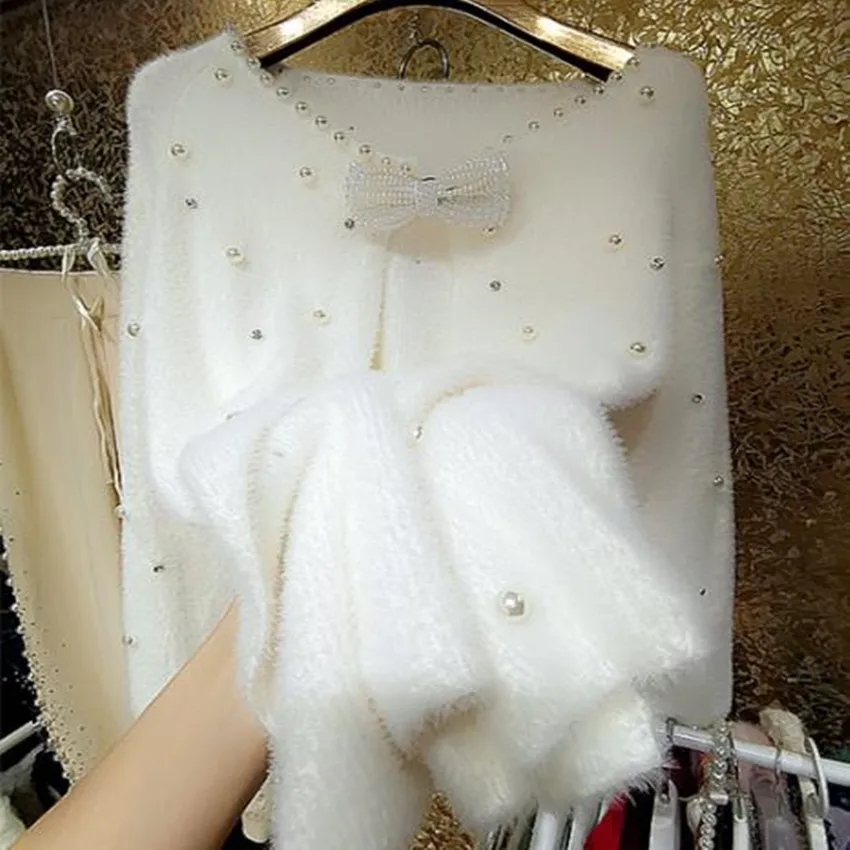 Super shinny rhinestones pearl sweater cardigan sweater women loose outwear