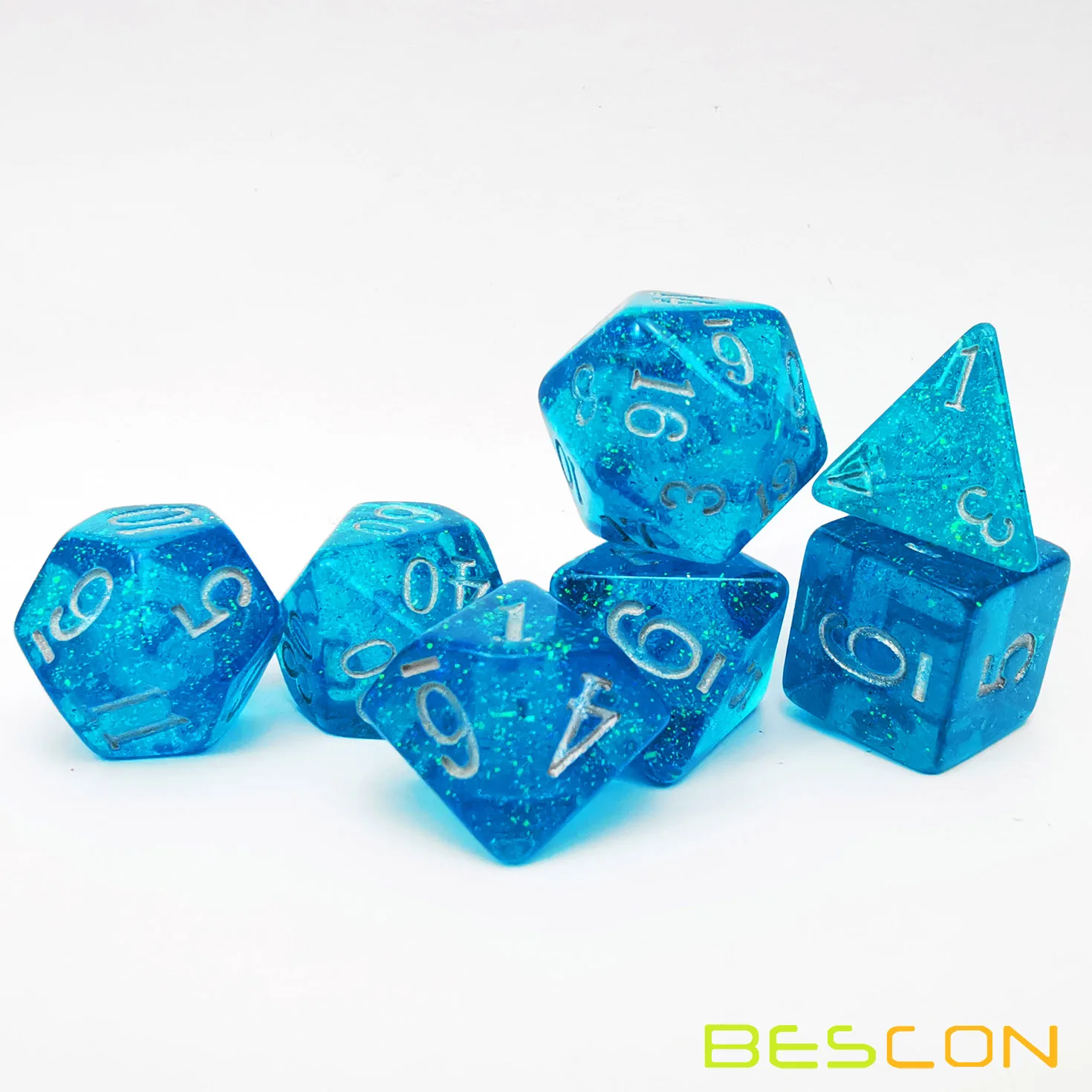 Bescon Blue Shimmery Dice Set,  Polyhedral RPG Game 7-dice Set in Brick Box Packing