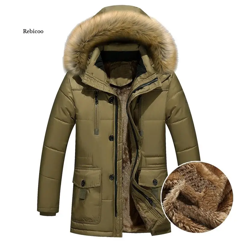 Thick Warm Parka Men Fleece Fur Hood Men Winter Jacket Coat Military Cargo Medium-long Mens Overcoat