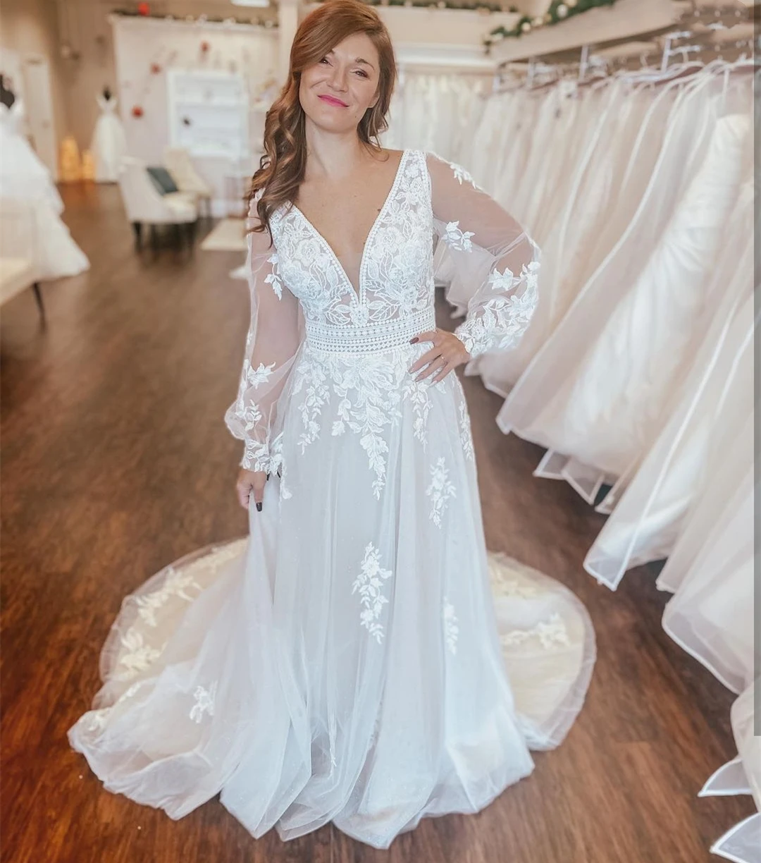 Robe De mariée rustique style Boho, manches longues, col en v, avec traîne, en Tulle Organza, avec des Appliques en dentelle, pour femmes