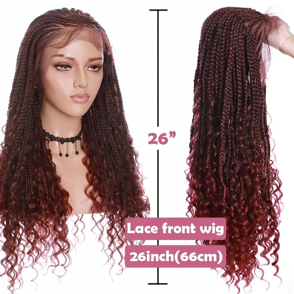 S-noilite 26inch Synthetic Braided Lace Front Wig Daily Use Red Brown Ombre Box Braid Hair Wigs With Baby Hair For Women