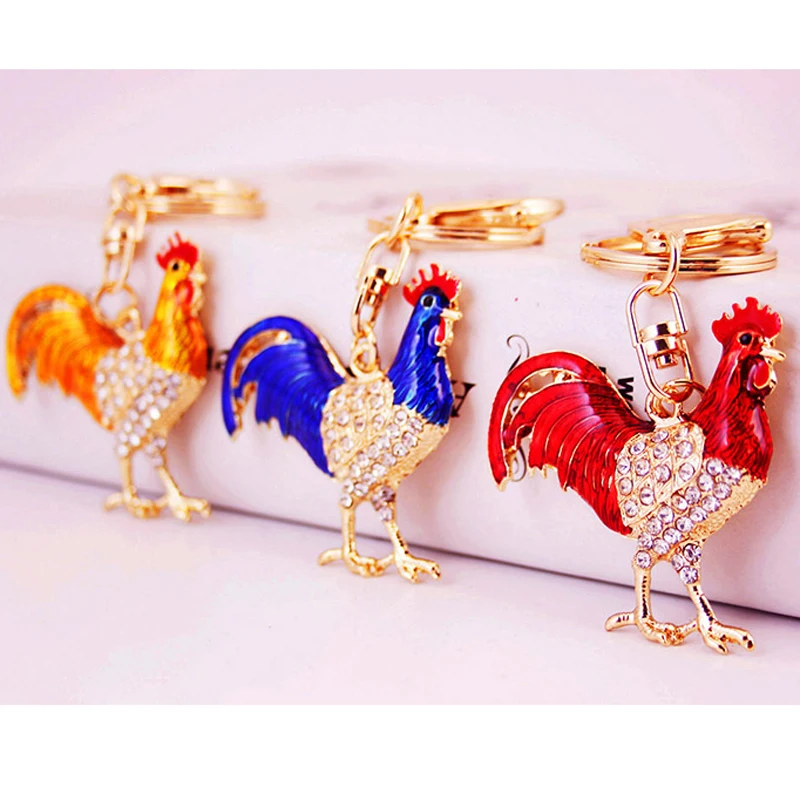 Crystal Floral Chicken Rooster Key Chains Ring Keychains Animal Jewelry For Women Girls Bag Car Charms Gifts