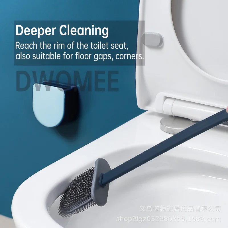 Toilet Brush Water Leak Proof With base Silicone Wc Flat Head Flexible Soft Bristles Brush with Quick Drying Holder Set