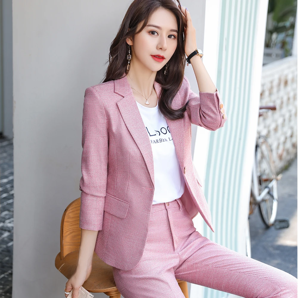 Elegant Ladies Pink Green Apricot Blue Pant Suit Women Slim Single Button Plaid Blazer And Trousers 2 Piece Set For Work Wear