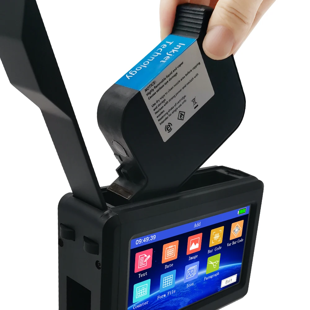 แบบพกพา Handheld Thermal Inkjet เครื่องพิมพ์ตลับหมึกสีดำสำหรับ12.7มม.QR รหัสแบทช์ตัวแปรวันที่หมายเลขโลโก้