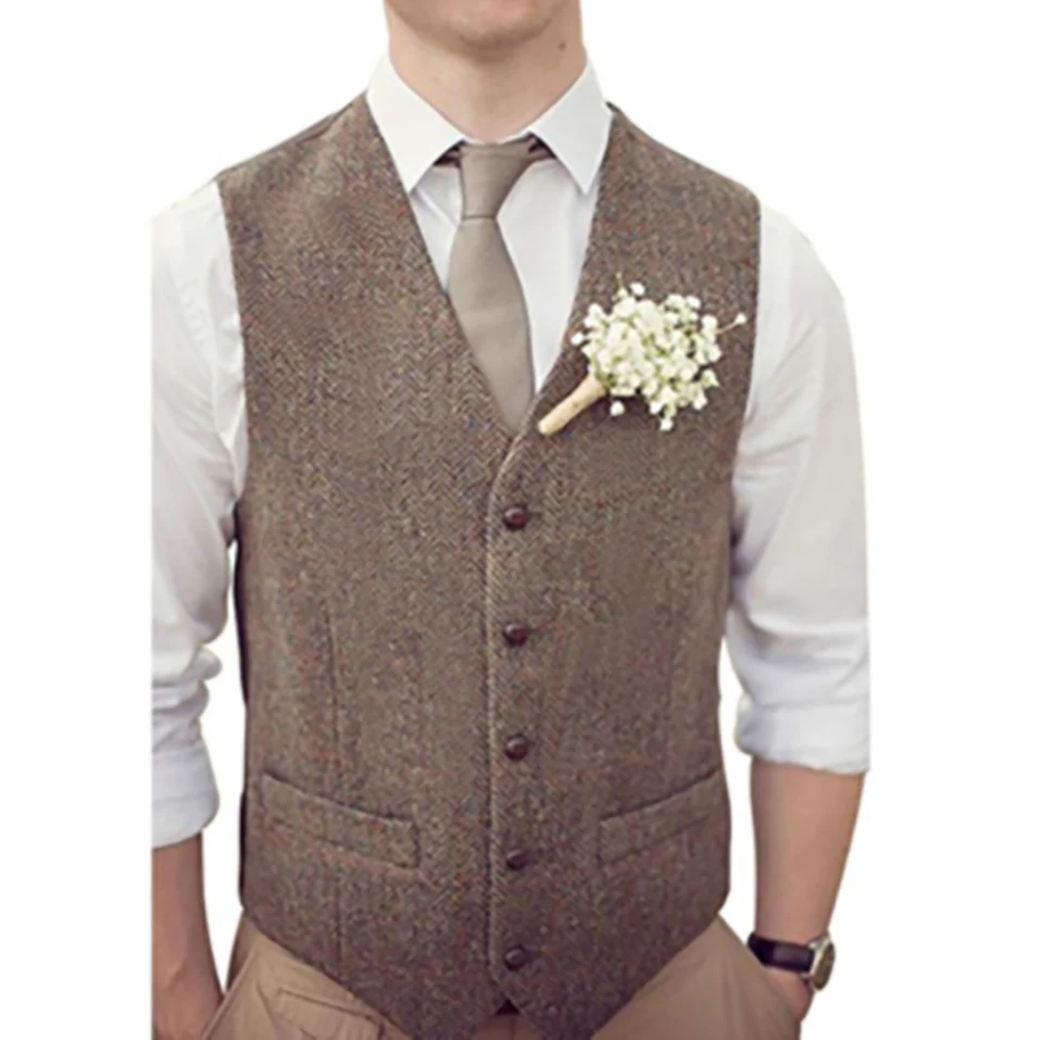 

Classic light Brown Tweed Mens Suit Vest Steampunk Custom Slim Fit Best Man Groom Wedding Waistcoat Vintage Winter Formal Jacket