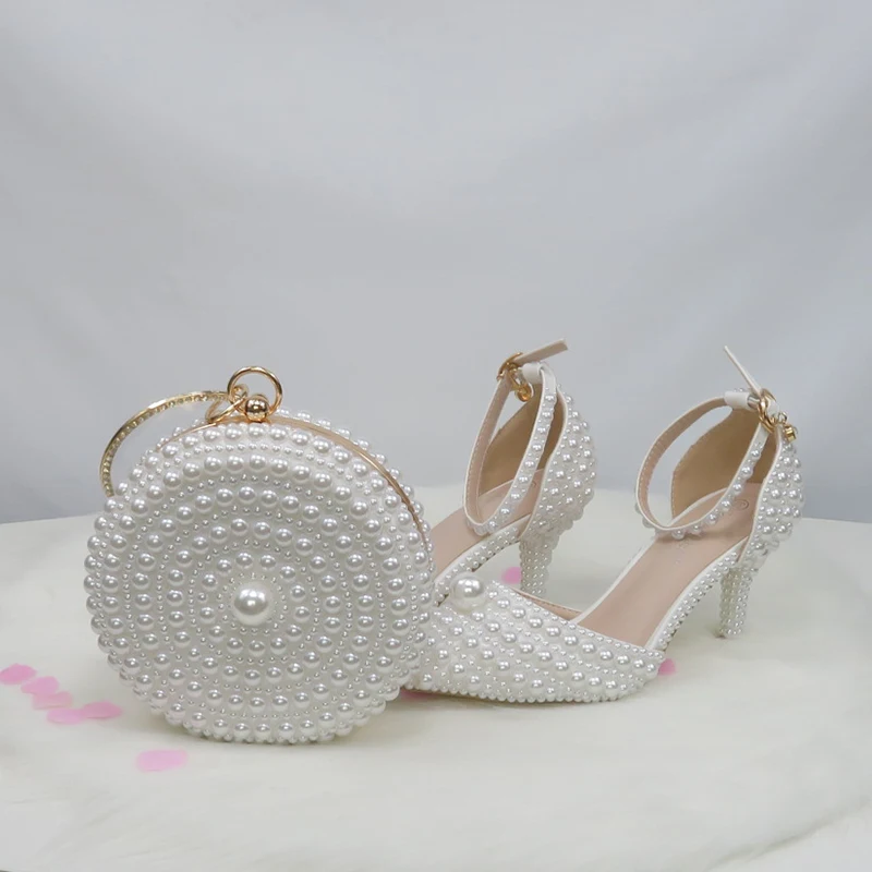 BaoYaFang White Beads Big Pearl wedding shoes Bride Pointed Toe party dress High heels shoes and bag set Thin Heel Ankle Strap