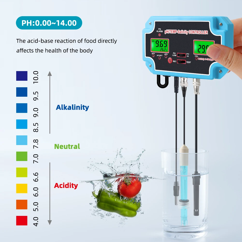 Yieryi 3In1 PH-2825 PH Salinity TEMP Water Quality Tester Monitor Digital PH Controller Meter for Pools,Drinking Water,Aquariums