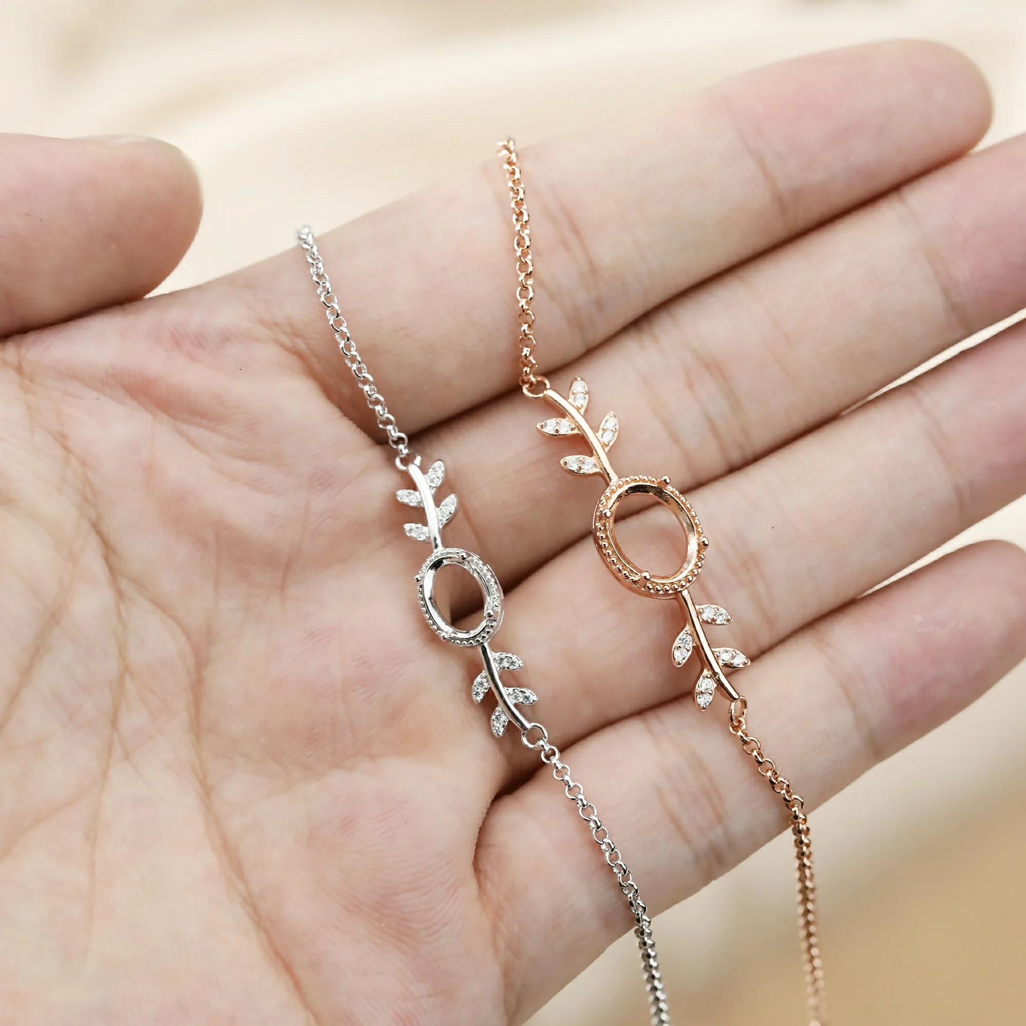 1Pcs Oval Prong Bezel Bracelet Settings Tree Branch Rose Gold Plated Solid 925 Sterling Silver Tray for Gemstone  1900243