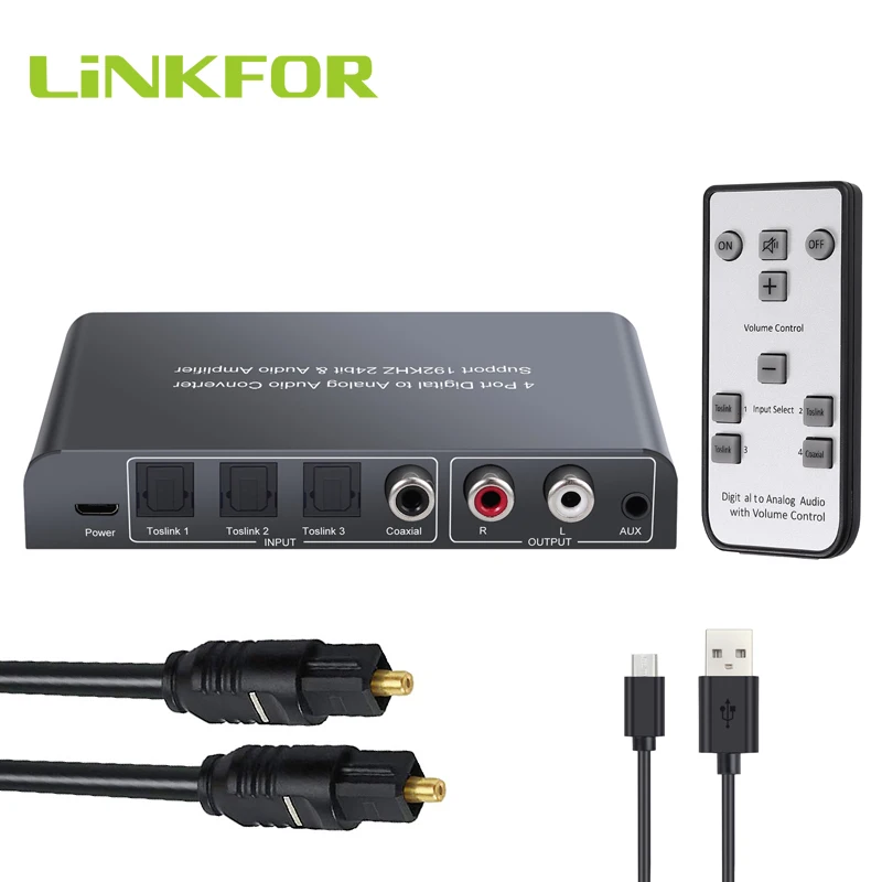 LiNKFOR 3 Optical SPDIF Toslink 1 Coaxial Digital to Analog Audio Converter with IR Remote Toslink Switch With Volume Control