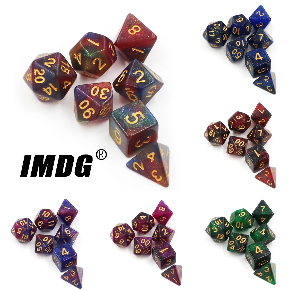 IMDG 7pcs/set Polyhedron D10 D20 RPG Game Dice Acrylic Dice DND Universe Galaxy Digital Game Dice with Bag