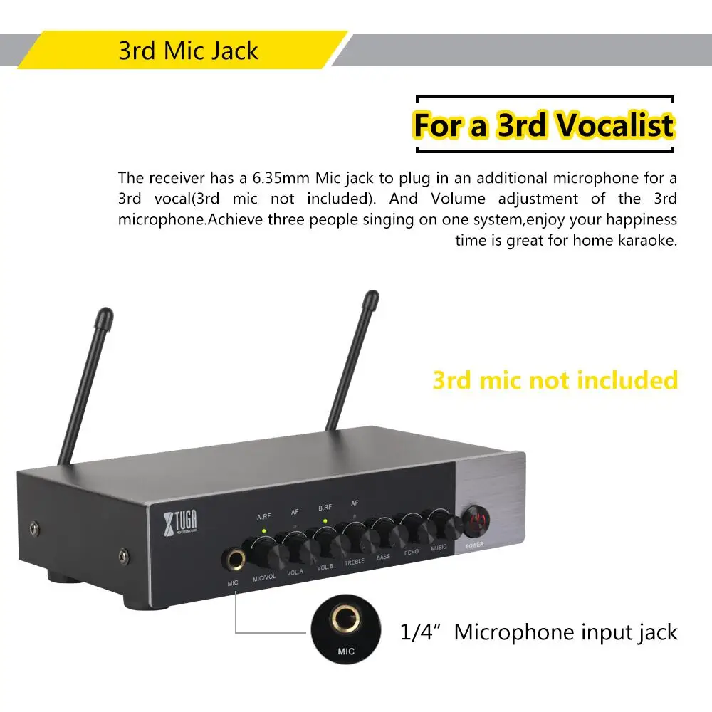 XTUGA – Microphone portable sans fil à double canal UH110, microphone de karaoké Bluetooth facile à utiliser avec effet aigus/basses/Echo