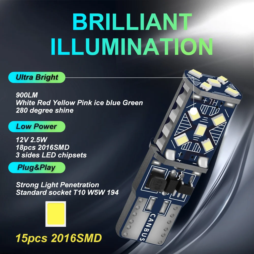 6PCS W5W T10 LED Bulbs Canbus 15SMD 12V 6000K White 194 168 Car Interior Map Dome Lights Parking Light Auto Signal Lamp 12v