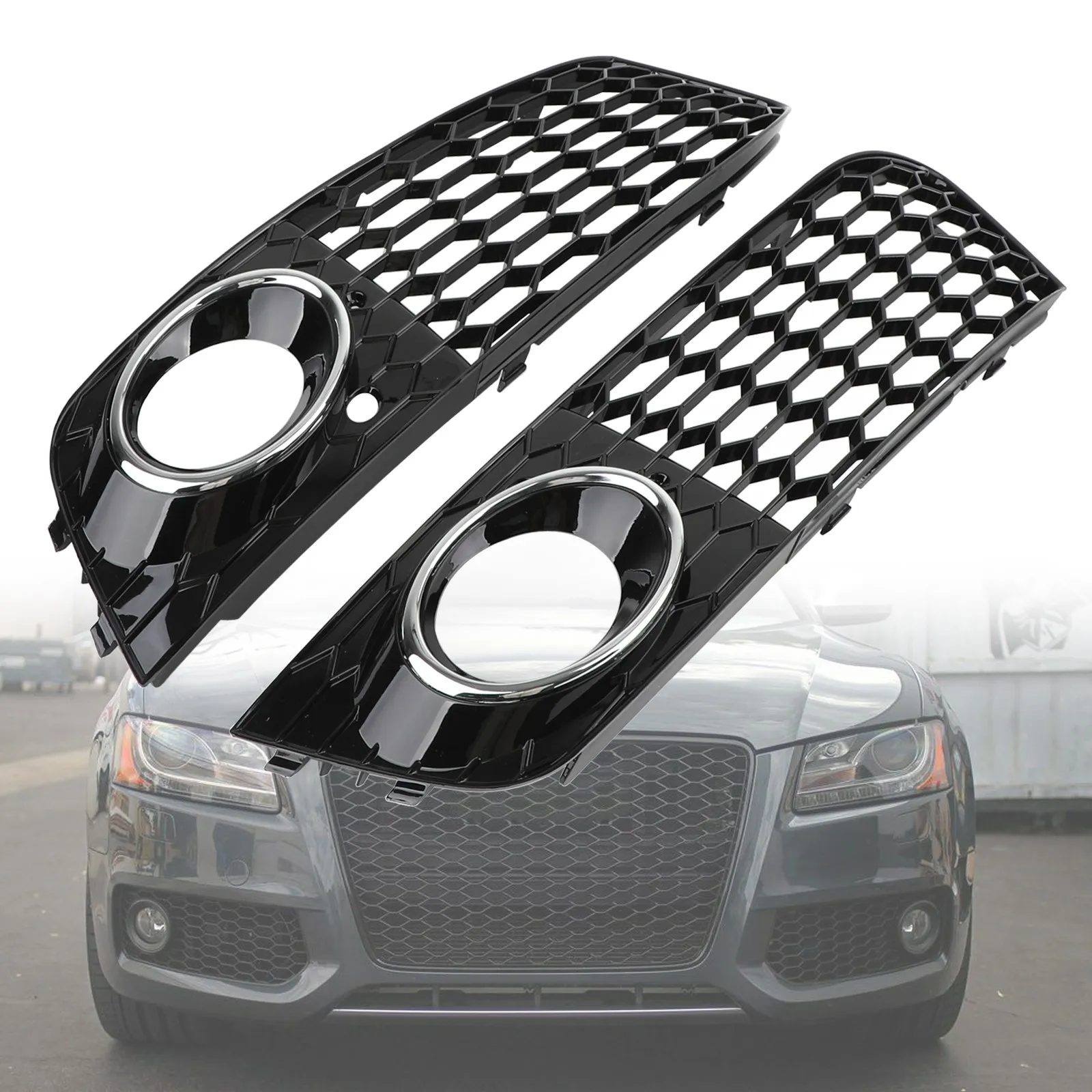 Artudatech 1 Pair Honeycomb Mesh Fog Light Open Vent Grill Intake Fit For Audi A4 B8 2009-2012 Car Exterior Accessories Parts