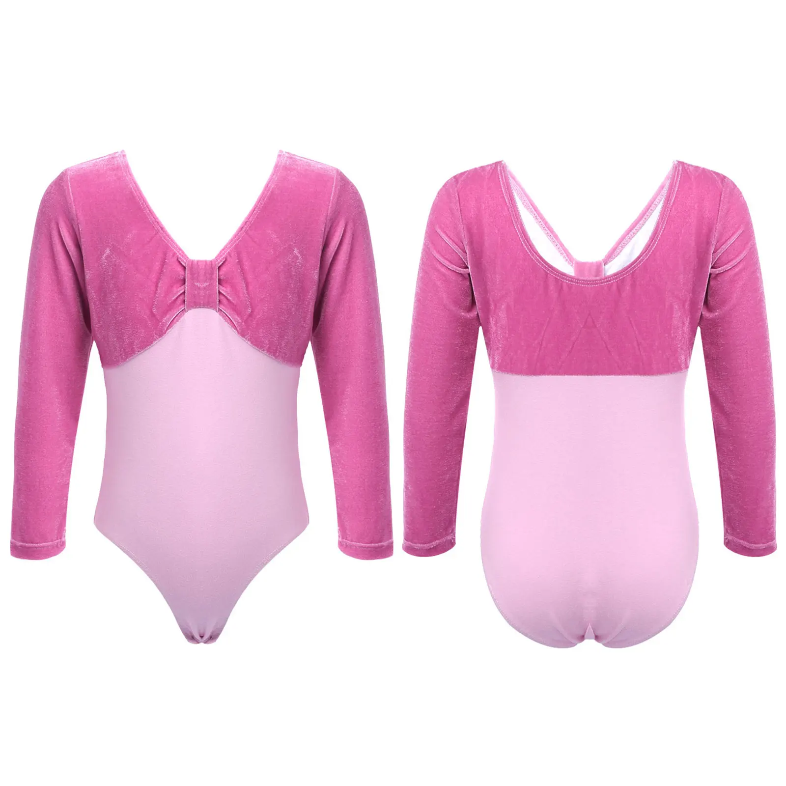 

Kids Girls One-piece Gymnastics Leotard Velvet V-Neck Long Sleeve Open Upper Back Press Button at Crotch Ballet Dancing Bodysuit
