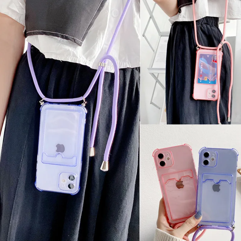 Transparent drop-proof card phone case for samsung galaxy A22 4G A52 A42 A72 A02S A32 A82 A03S A02 A12 A10S M01S Crossbody strap