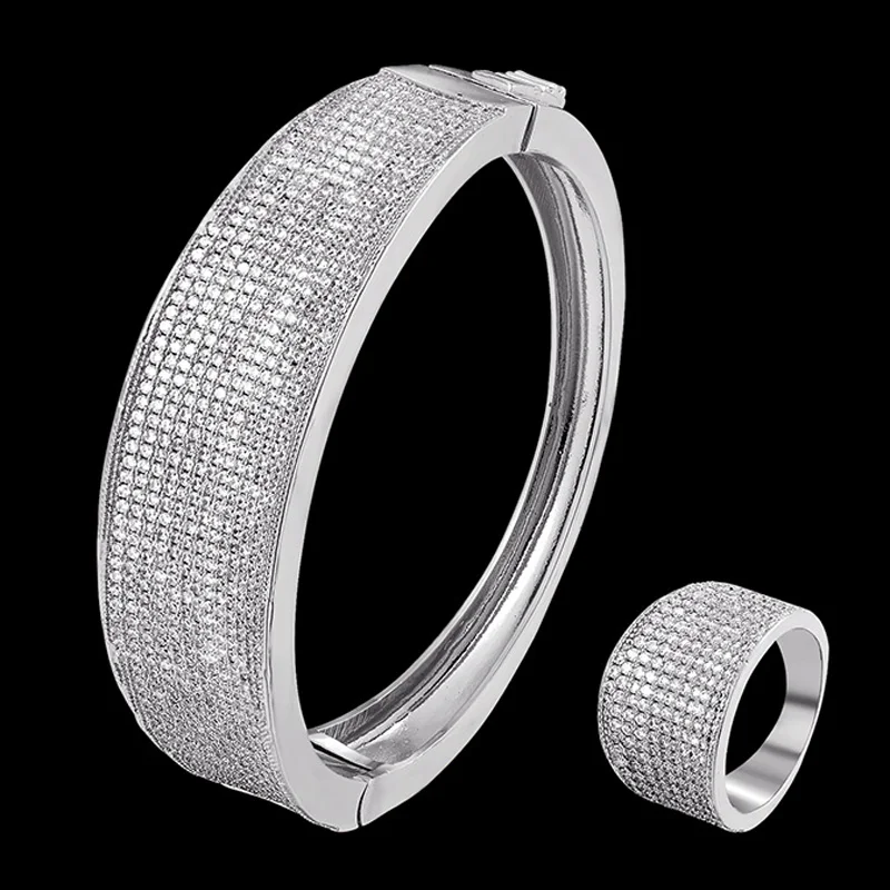 Zlxgirl Luxury Exquisite Micro Pave Bracelets Bangle with Ring Set For Women wedding bridal Jewelry Brand Copper bangle Bijoux