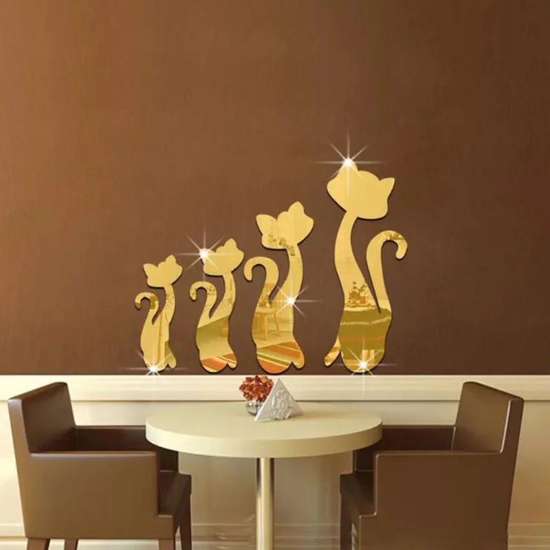 Environmental Four Cat Removable Mirror Sticker Stereoscopic Stickers for Living Room Art Home Decor Mural Wall Decoration