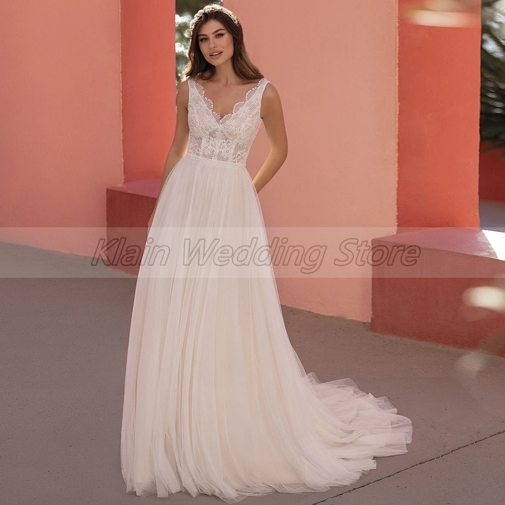 Weilinsha-Robe de mariée en tulle doux personnalisée pour les mariées, ligne A, dentelle, col en V, train de balayage, fibrpatients, quelle que soit la robe, 2023