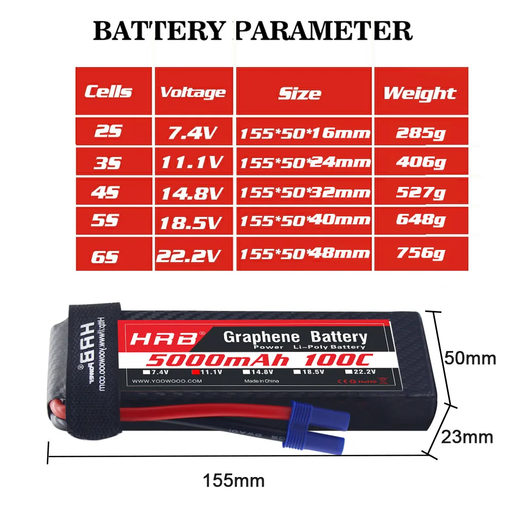 HRB 3s 4s 6s 5000mAh Graphene Battery 14.8v 22.2v LiPo Battery For 1/10 1/12 RC Car Monters Airplane DJJ Drone Helicopter Boat