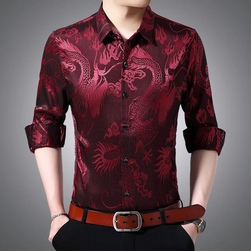 

Shirt Silk Men's Summer Autumn Thin Business Casual Shirts Long Sleeve Dragon Print Shirt Cool and breathable