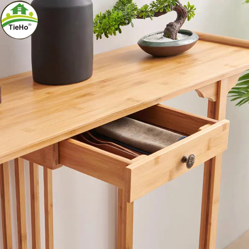 TieHo Bamboo Console Table for Living Room, Chinese Style Side Table, Porch Tables with Drawer, Modern Simple Rectangle Tables