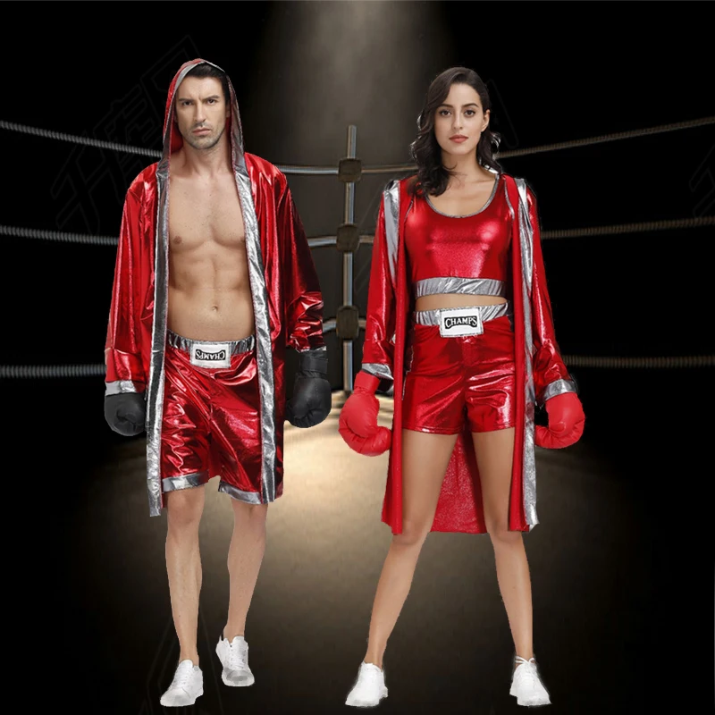 

2021 Couple Boxer Robe Cosplay Red Vest Shorts Hooded Shawl For Women Man Boxing Training Battle Uniform Set