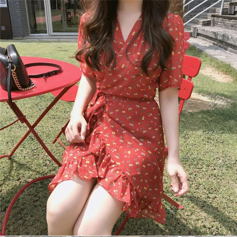 

floral print red New Summer Women Dress Knee-Length Dress Short Sleeve Dresses Femme Elegant Dresses V Neck Robe Femme Vestido