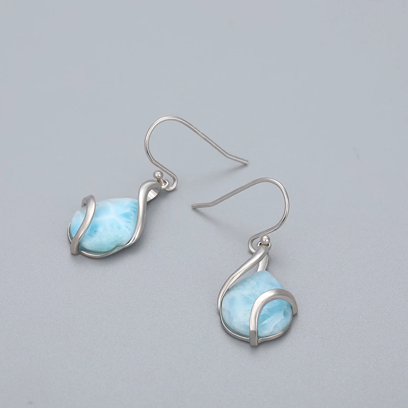 Simple Fashion Drop Shape Square Charm 925 Sterling Silver Jewelry Gift Classic Natural Precious Larimar Earrings for Women