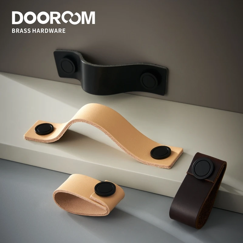 Dooroom Brass Furniture Handles Real Cow Leather Nordic Modern Wardrobe Dresser Cupboard Cabinet Drawer Shoe Box Wine Bar Pulls
