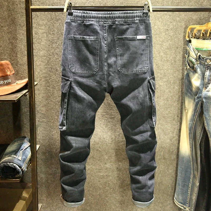 

Spring Vintage Loose Casual Full Length Trousers Straight Denim Pants Mens Drawstring Big Pockets Distressed Cargo Jeans Male