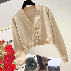 Autumn Female Cardigan Long Flare Sleeve Short Sweater Summer Women Ribbed Knitted Cotton Tops 3/5 Buttons Soft Thin Outwear