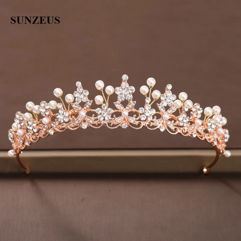 Rose Gold Party Hoofdbanden Kristallen Bridal Hoofddeksels Bruiloft Tiara Met Peren Vrouwen Hoofd Band SQ479