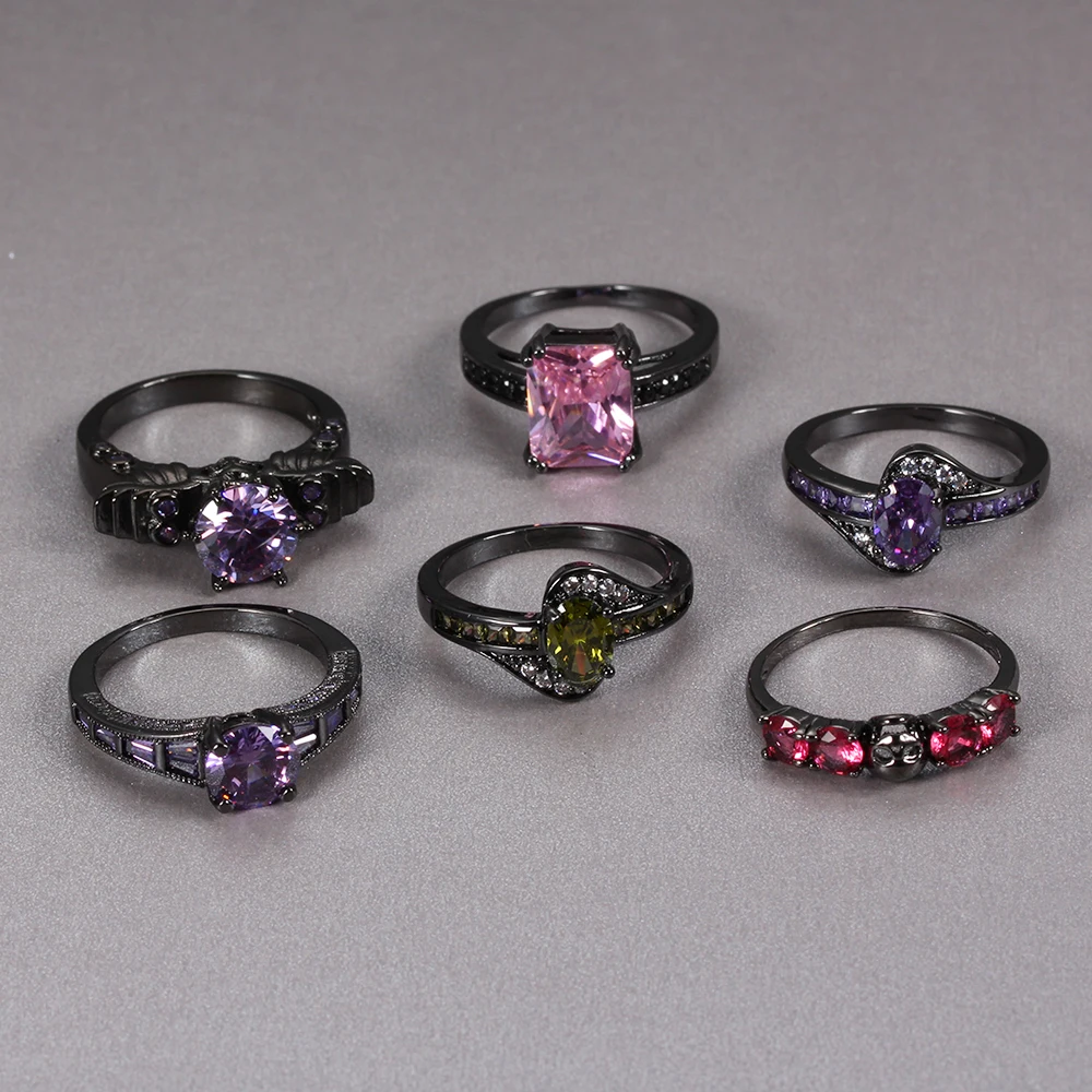 

Black Gold Color Rings For Women Fashion Jewelry Red Purple White Pink Green Colorful Zirconia Wedding Jewelry Finger Rings