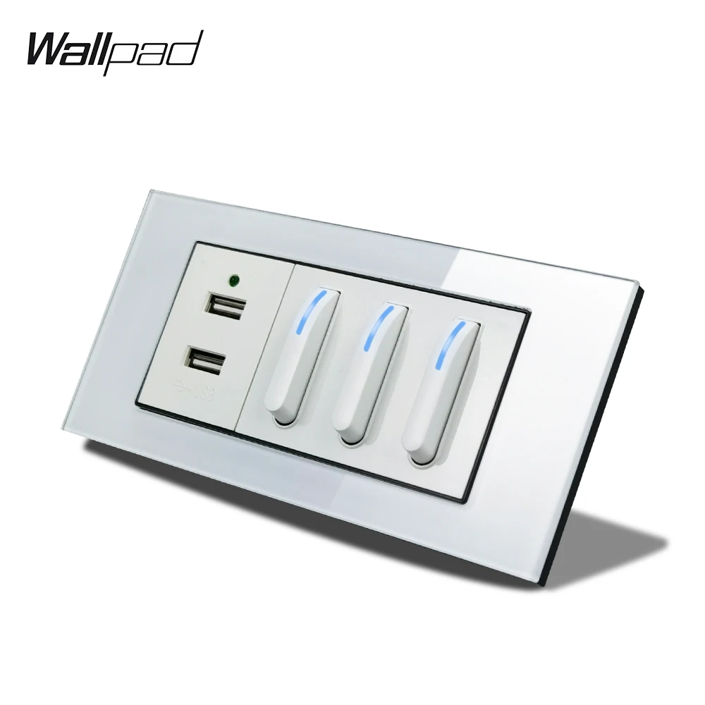 153*75mm Piona 3 Switch and USB Socket Wallpad L3 White Glass Panel 16A 2 USB Power Charger and 3 Push Switch with LED Indicator