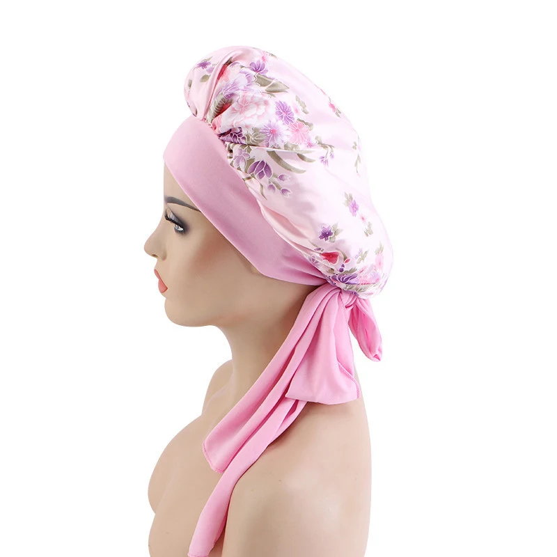 Satin Printed Bonnet Elastic Wide Band Long Ties Hair Care Women Night Sleep Hat Adjust Cap Silk Head Wrap Turban Cover