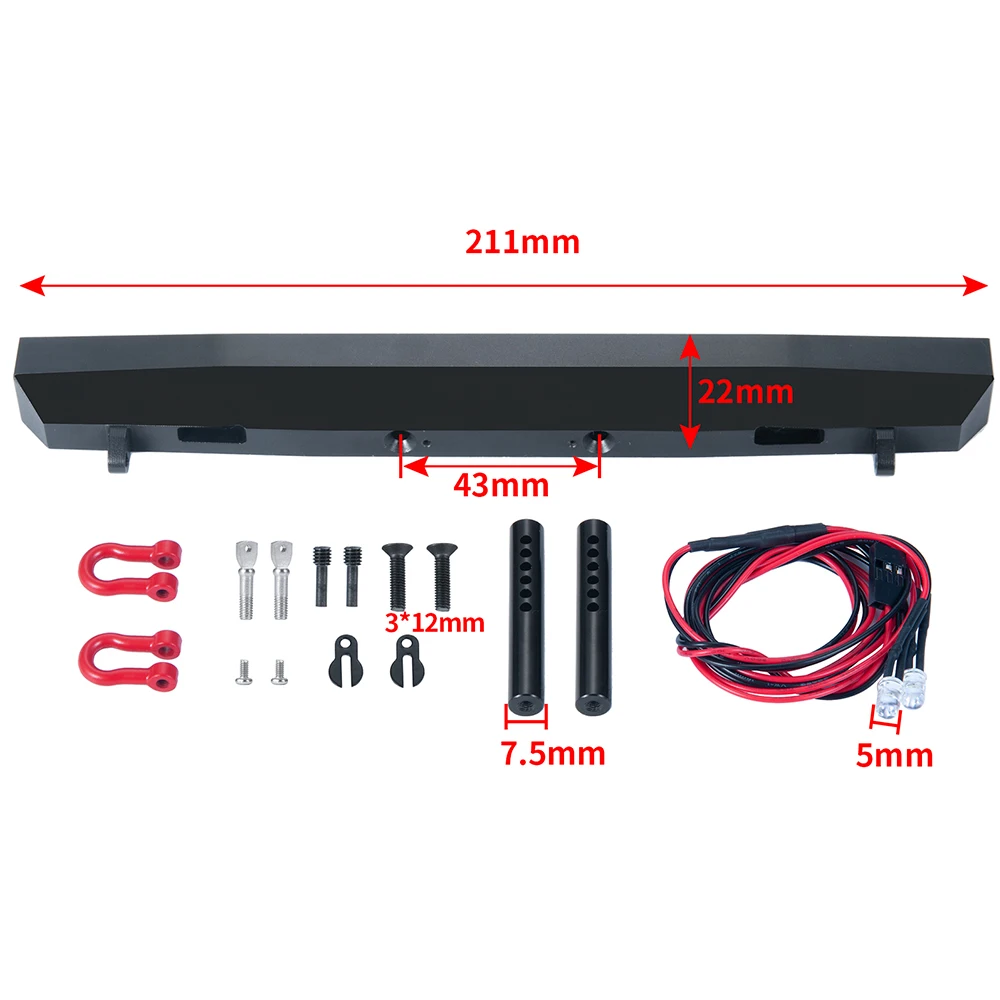 YEAHRUN Metal Rear Bumper with Tow Hook & LED Light for Axial SCX10 III AXI03014 Early Bronco 1/10 RC Crawler Car Model Parts